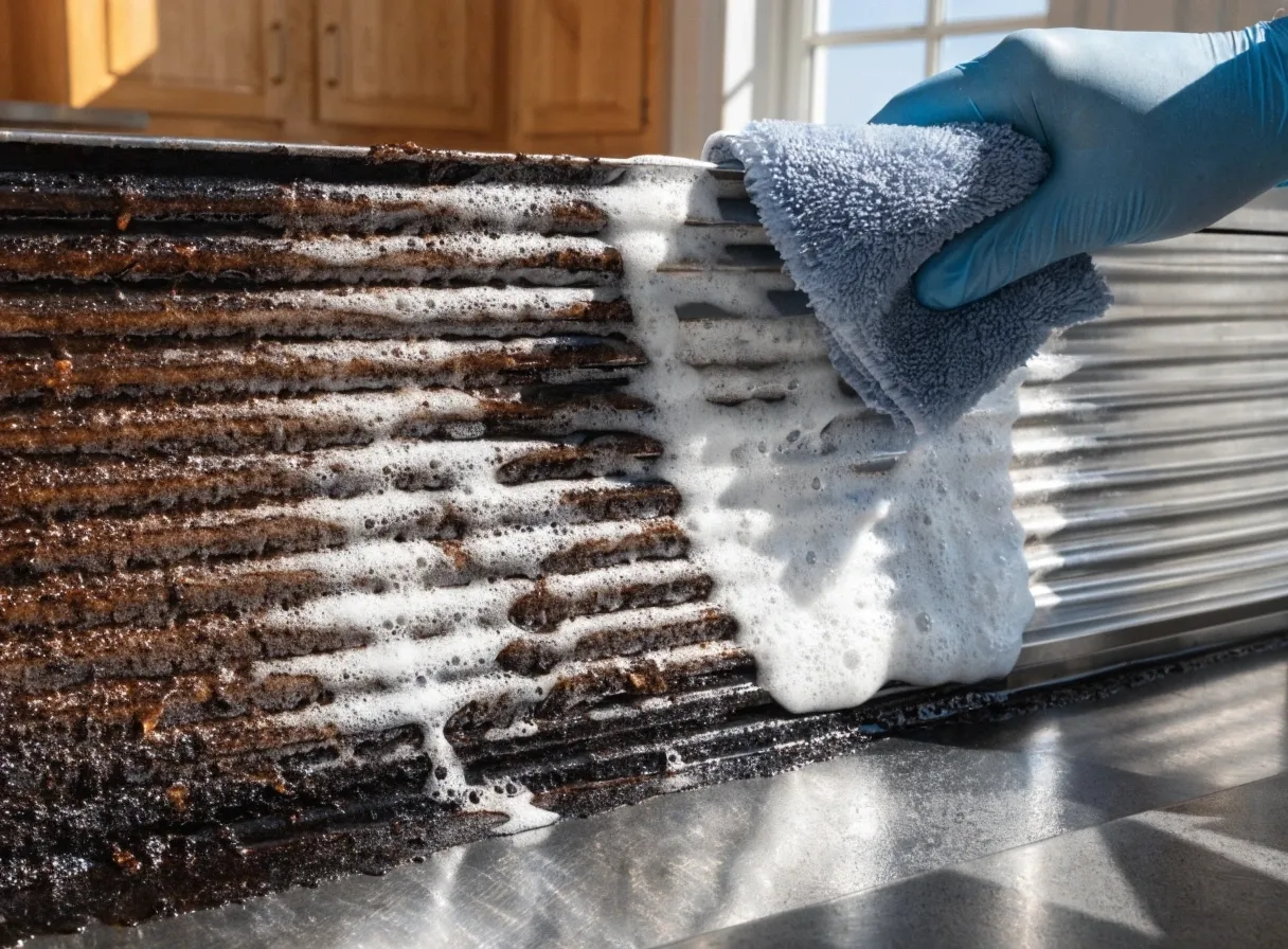 BBQ grill plate being cleaned of burnt-on grease