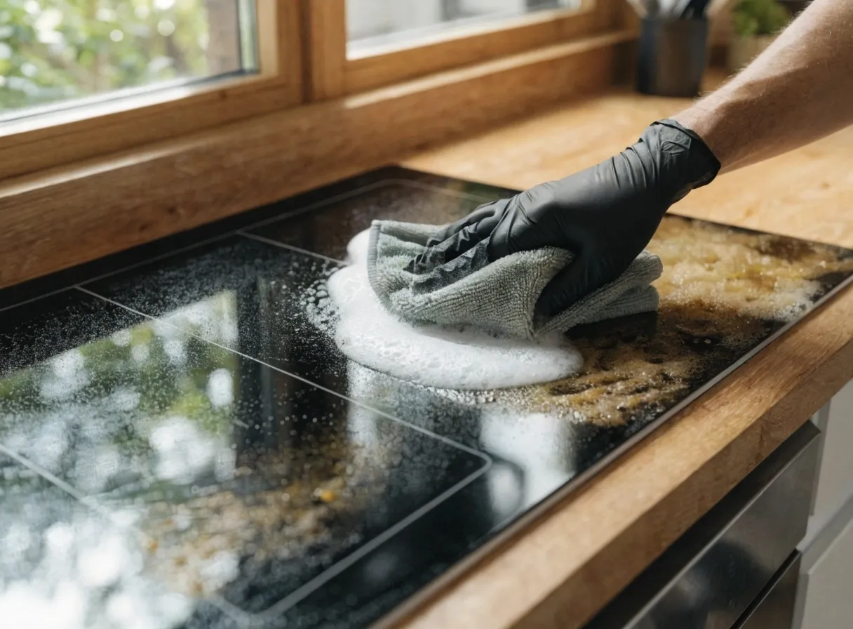 Glass cooktop being wiped clean of cooked-on stains