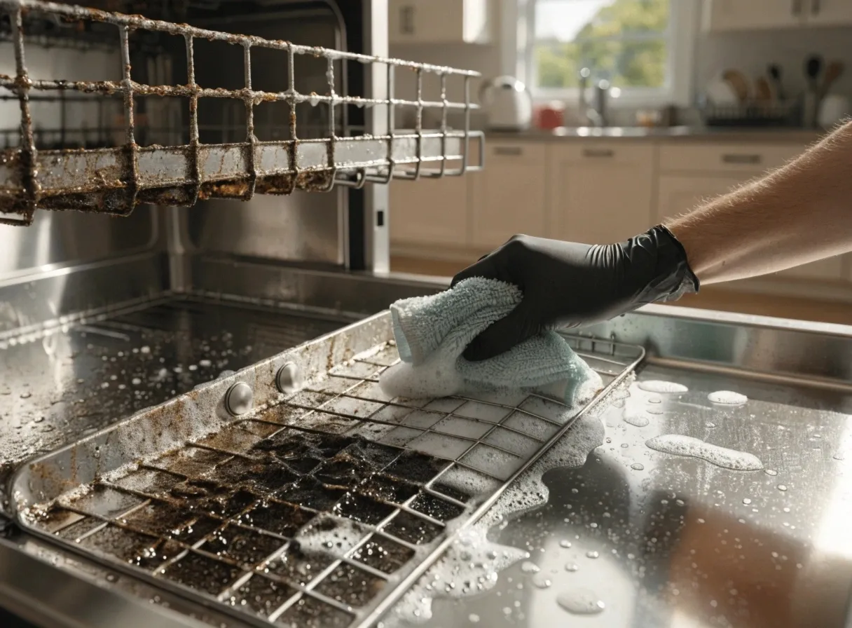 Dishwasher racks and filter being cleaned