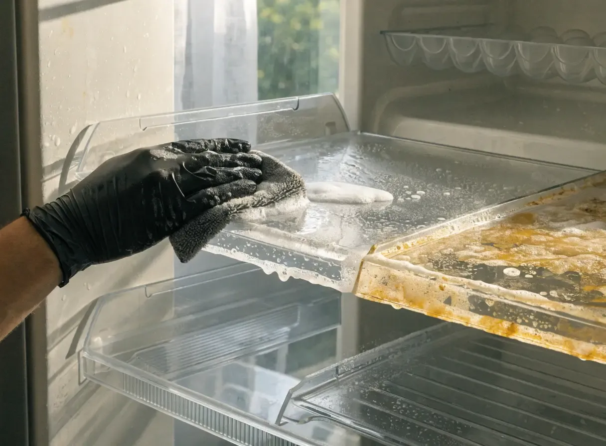 Refrigerator shelf being wiped clean