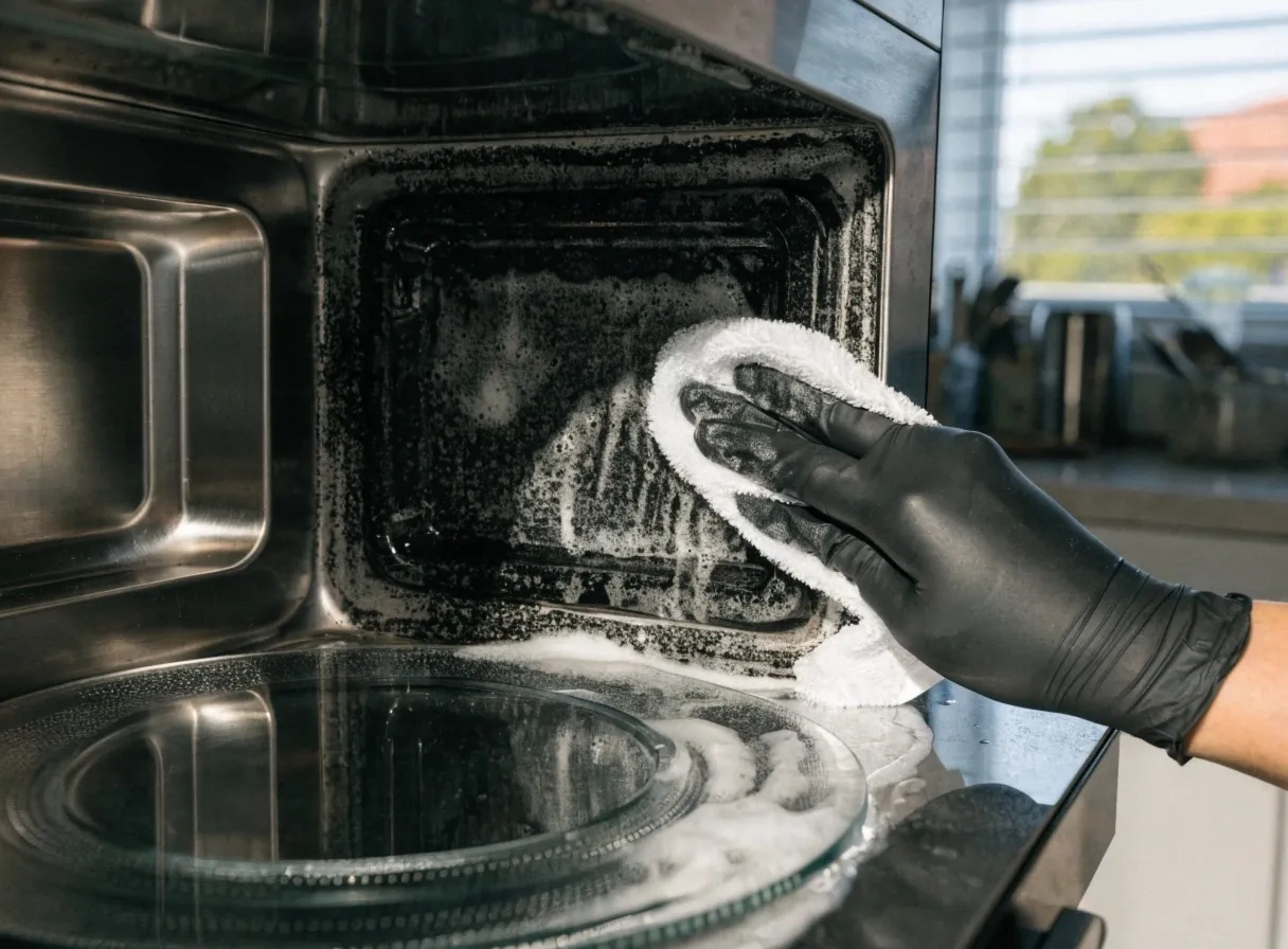 Microwave interior being wiped spotless