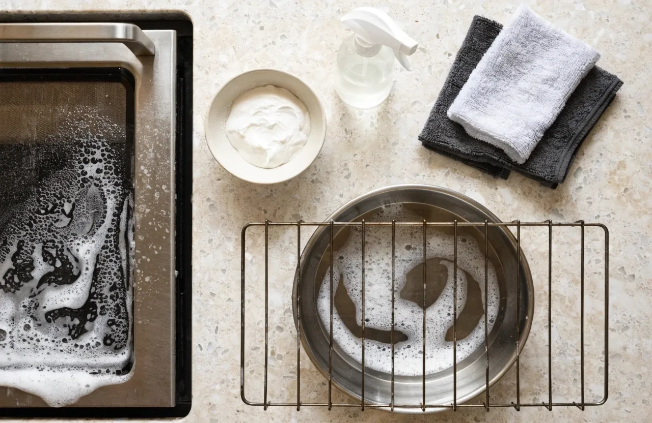 Natural oven-cleaning supplies and a soaking oven rack on a kitchen bench
